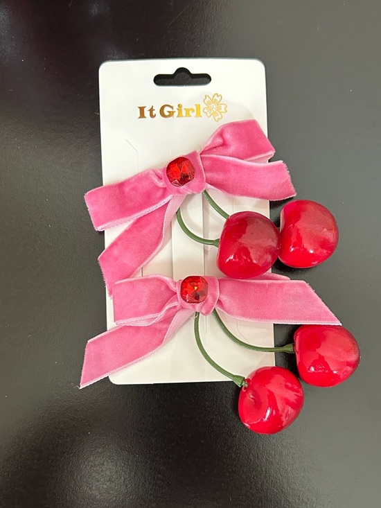 It girl Accessories - It Girl Cherry Hair Clips with Pink Velvet Ribbon Bow - 2 Barrettes